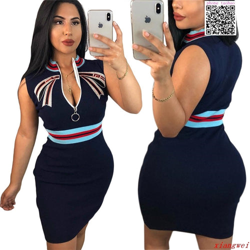 Cross-Border Blue Dress with Deep V Zipper Design
